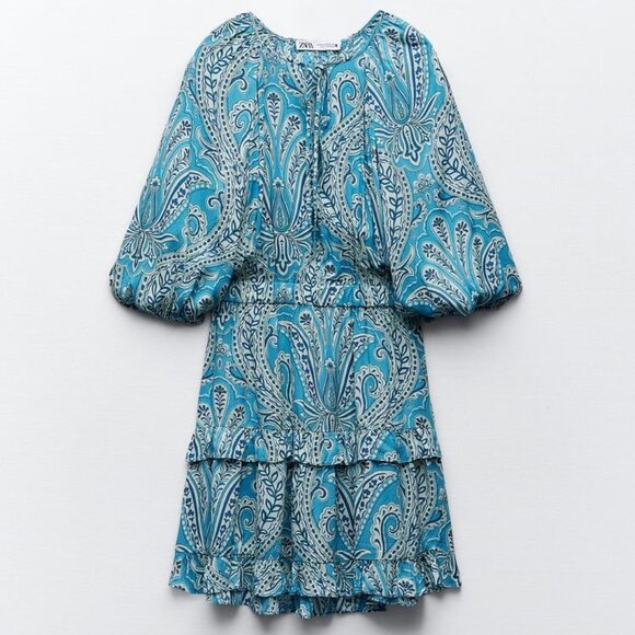 Zara Dresses & Skirts - Zara Blue Paisley Floral Mini Dress L Boho Western‎ Festival